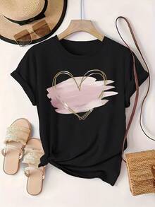 Camiseta de algodón de manga corta para mujer, camiseta de talla grande - Top de manga corta con cuello redondo estilo africano con estampado de corazones y geometrías, blusa de manga corta para primavera, verano y otoño, ropa casual lavable a máquina (en stock) - Amigable - Negro - Ver 6