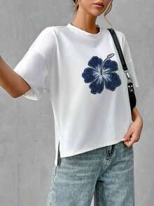 Camiseta holgada de estilo minimalista casual para mujer, con parte delantera corta y parte trasera larga, versátil para usar en la calle, adecuada para primavera y verano - Blanco 2 - Ver 5