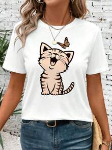 Camiseta de manga corta con estampado de gato adorable, de algodón suave, cuello redondo, corte holgado, cómoda, estilo hip-hop urbano. - Blanco - Ver 6