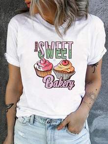 Camiseta de manga corta para mujer de algodón puro con estampado de cupcakes, cuello redondo, estilo casual para primavera y verano. - Blanco - Ver 1