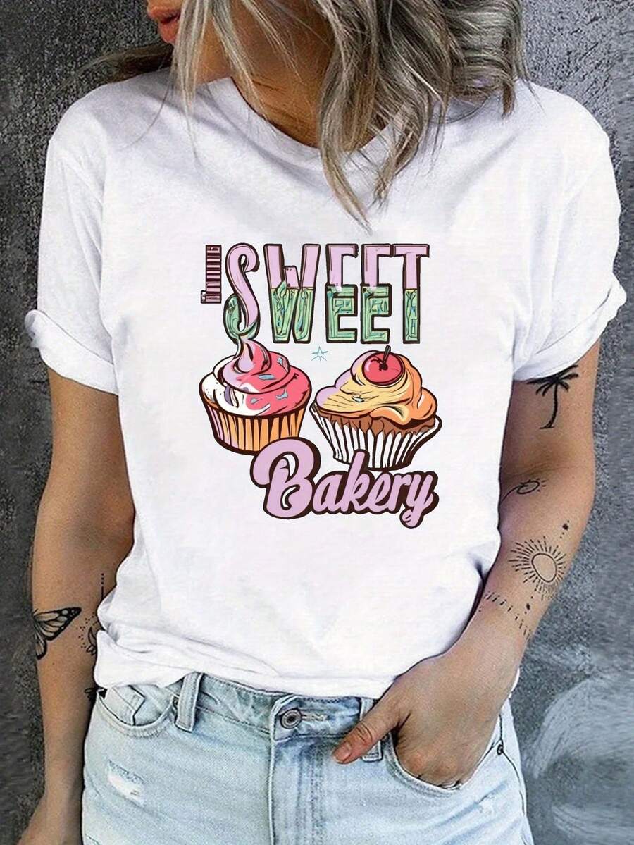 Camiseta de manga corta para mujer de algodón puro con estampado de cupcakes, cuello redondo, estilo casual para primavera y verano. - Blanco - Ver 1