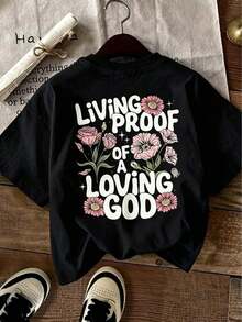 camisetas de gran tamaño para mujer con estampado floral religioso testimonio de un Dios amoroso - Camiseta blanca casual para uso diario, verano, calle, atuendo inspirador, espiritual y de fe, iglesia, vacaciones y uso cotidiano. - Negro - Ver 7
