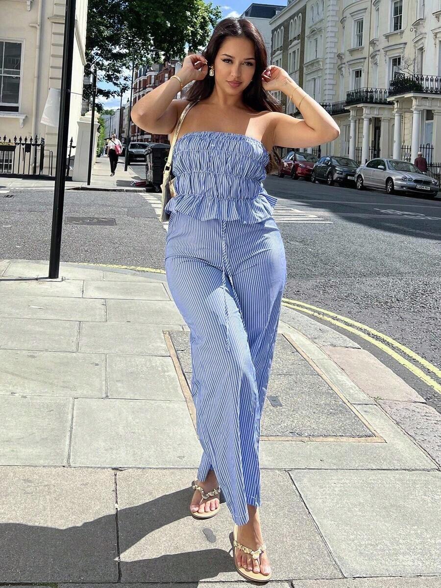 Conjunto de 2 piezas para mujer con top sin tirantes a rayas y pantalón de pierna ancha, con sensación relajada, ajuste elegante, para primavera - Azul - Ver 1