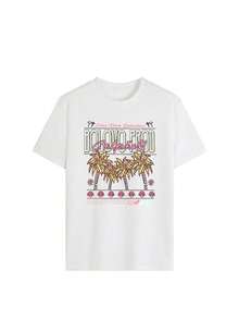 Camiseta de manga corta con estampado de palmeras tropicales para mujer, camiseta retro de verano con gráfico playero de talla grande, top de cuello redondo estilo Y2K para uso diario, vacaciones en la playa, salidas de verano, ropa urbana de algodón puro. - Blanco - Ver 3