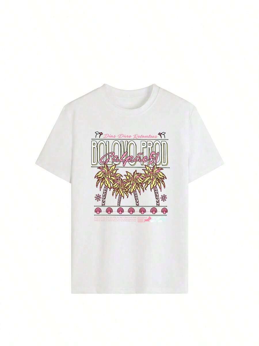 Women's Tropical Palm Tree Print Short Sleeve T-Shirt, Retro Summer Beach Graphic Print T-Shirt, Fashionable Y2K Crew Neck T-Shirt For Daily Wear, Beach Vacation, Summer Outings, Streetwear. - 白色 - 查看 1