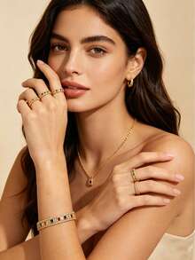 2pcs/Set Luxury Full-Diamond Geometric Gemstone Bracelet & Ring Set – Vintage Gold-Plated Multicolor Gem Bangle, Adjustable Open Design Fashion Jewelry - Yellow Gold - View 5