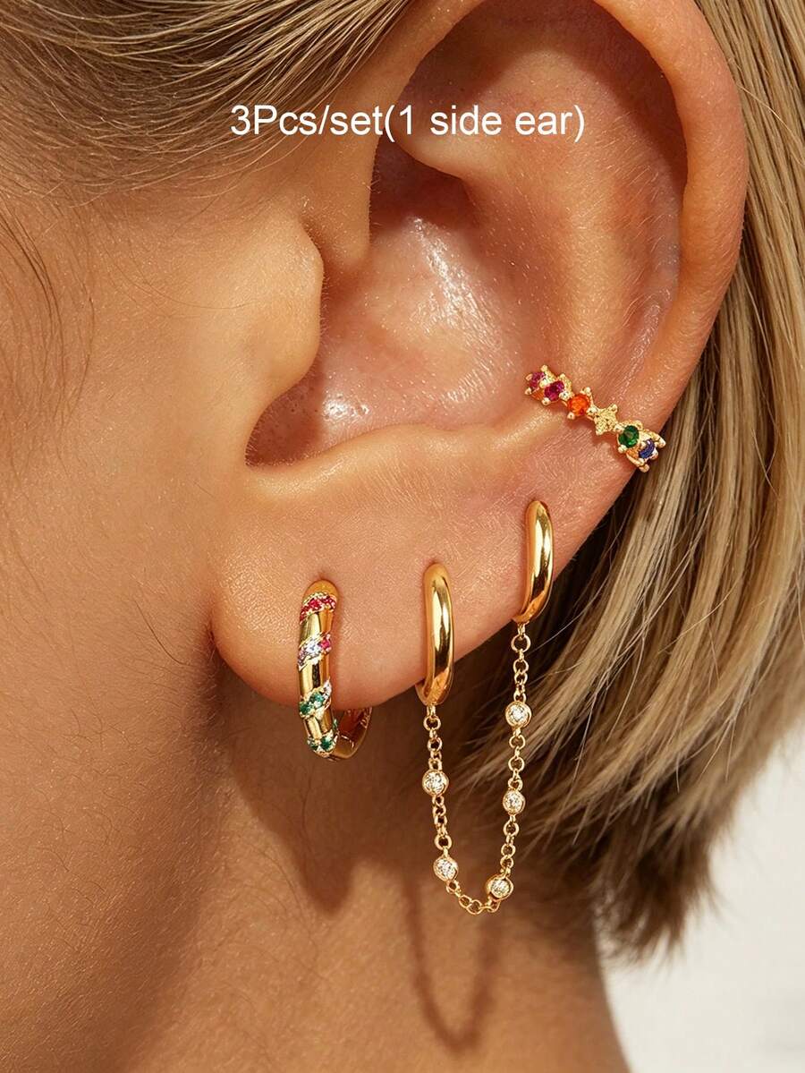 3 Stücke/Set Ohrringe für Frauen, vergoldet mit mehrfarbigem Zirkonia, Ohrmanschette mit Kette, doppelter Creolen-Ohrringe, Stapel-Ohrringe, Damen Schmuck Accessoires für den täglichen Gebrauch - 3 Teile/Satz (1 Seitenohr) - Übersicht 1