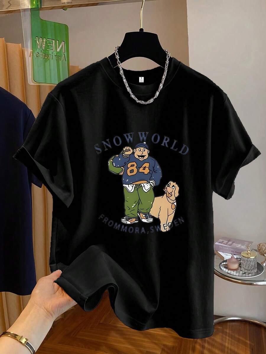 Soft 100% Cotton T-Shirt [Circular Orientation] Fashionable Printed T-Shirt For Women, Soft, Versatile, With A Cartoon Pattern Of A Snowy World, Soft And Comfortable, Short Sleeve Printed T-Shirt, Suitable For Casual Wear, Fashionable Blouses For All Seasons, Breathable Cotton T-Shirt, Matches Everything. - 黑色 - 查看 1