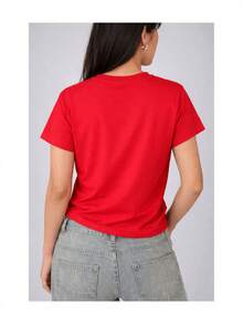 Soft 100% Cotton Women's T-Shirt, Yellow Floral Print, Minimalist, Soft Touch, Short Sleeve, Round Neck, Spring Summer, Casual, Comfortable For Everyday Wear, Breathable Cotton T-Shirt, Matches Everything, Cool. - 紅色 - 查看 3