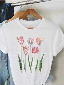Camiseta de tela suave con estampado floral y vegetal, camiseta casual de manga corta, camiseta de moda para mujer de primavera y verano, camiseta de moda. - Blanco - Ver 7