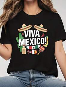 Blouses > Women's Premium Printed Casual T-Shirt, Mexican Independence Day Theme - "Viva México!" Text Combined With Mexican Hat, Cactus, And Churro Patterns - Colorful Design - Soft And Stretchy Fabric - Casual Spring Style - 100% Cotton - 黑色 - 查看 1