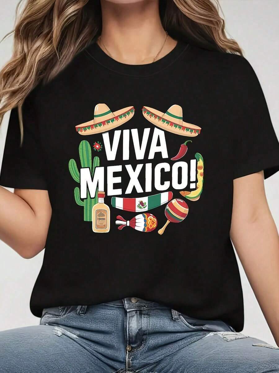 Blouses > Women's Premium Printed Casual T-Shirt, Mexican Independence Day Theme - "Viva México!" Text Combined With Mexican Hat, Cactus, And Churro Patterns - Colorful Design - Soft And Stretchy Fabric - Casual Spring Style - 100% Cotton - 黑色 - 查看 1