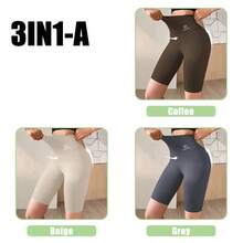 Pantalones cortos deportivos de M-XL para mujer, mallas de cintura alta con realce, para ciclismo, trotar, Fitness, gimnasio, Yoga - 3 EN 1 - 1 JUEGO - Ver 1