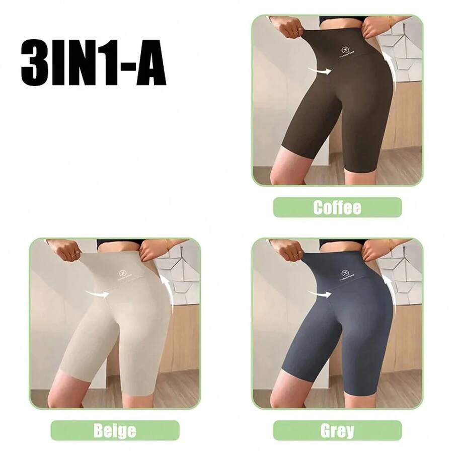 Pantalones cortos deportivos de M-XL para mujer, mallas de cintura alta con realce, para ciclismo, trotar, Fitness, gimnasio, Yoga - 3 EN 1 - 1 JUEGO - Ver 1