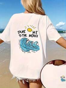 1pc Camiseta de anga Corta Estilo Y2K para ujer - Estampado Doble Cara de Playa (Ideal para urf) - Cuello Redondo de Alta Elasticidad, Top Casual de Verano - Blusa de urf para Primavera, Verano y OtoñoTraje de playa para damas / Chica veraniega / Estilo vacacional con plantas tropicales verdes / Paseo por la playa, edición limitada de verano / Versión fresca y cómoda para viajes de verano - Blanco - Ver 1