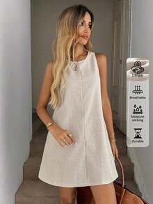 Vestido casual de mujer de línea A sin mangas a rayas con bolsillos acolchados, conjunto elegante de vacaciones, estilo retro lujoso - Albaricoque - Ver 4