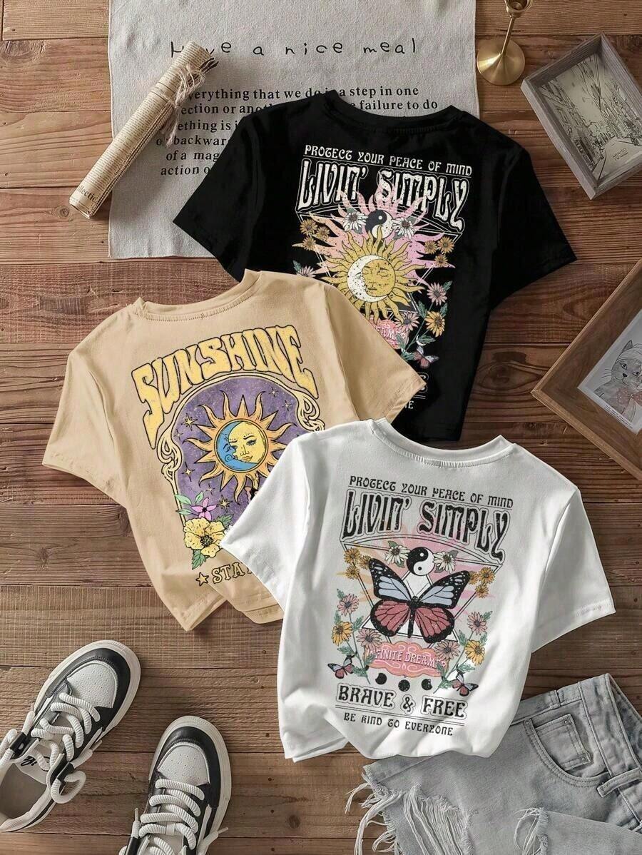 1 piezas/Set Tops cortos ceñidos de manga larga con cuello redondo, estampado sencillo casual de mariposa y girasol, para mujeres, verano - Blanco - Ver 1