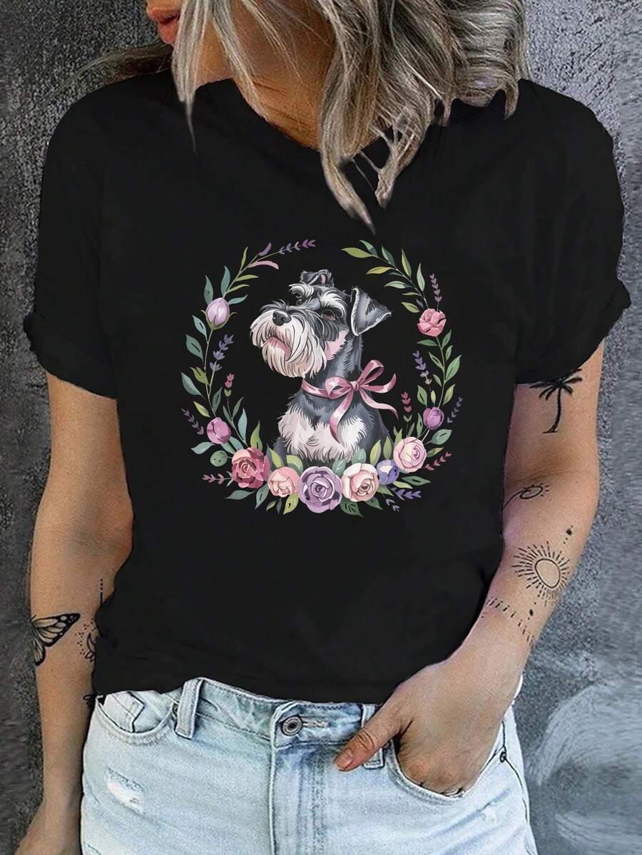 A Casual Short-Sleeved Crew Neck T-Shirt With A Design Of A Schnauzer Walking Among Blooming Roses, Perfect For Spring And Summer, Designed Specifically For Women, Pure Cotton Printed T-Shirt. - Black - View 1