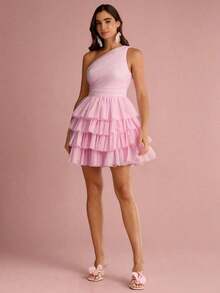 Vestido de malla con volantes y pliegues asimétricos - Rosa Pálido - Ver 4