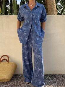 Conjunto de 2 piezas de estilo occidental de playa de primavera y verano con estampado azul, de lino holgado para mujeres, conjunto de ropa de descanso para mujeres - Azul - Ver 6