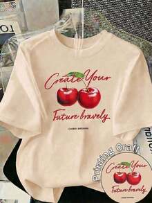 [Local Delivery] Women's T-Shirt, Casual White T-Shirt With Cherry Print, Round Neck, Short Sleeve, Regular Fit, Perfect For A Chic Style In Everyday Autumn Wear. - 杏色 - 查看 1