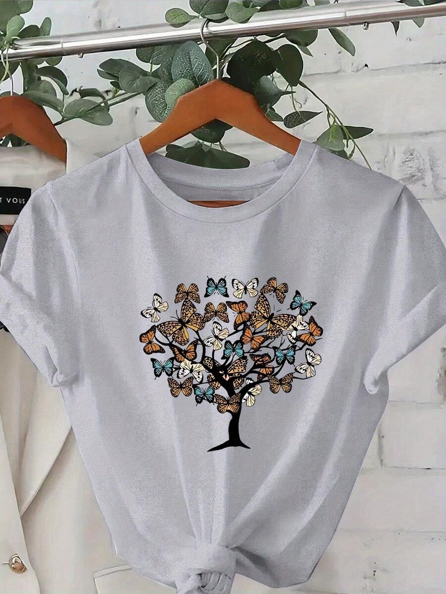 Fashionable T-Shirt With Print And Round Neck, Short Sleeves, Plus Size, Women's Clothing, Women's Garments - 淺灰色 - 查看 1