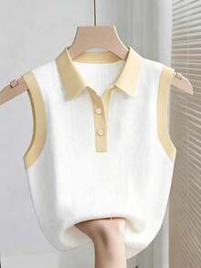 Parte superior sin mangas de contraste de color versátil casual para mujer, top blanco y negro, blusas de verano para mujer, blusas lindas y preppy, top de punto de verano sin mangas, camisa polo de punto para mujer, blusas de punto de verano par - Albaricoque - Ver 6
