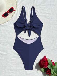 Swim Vcay Traje de baño de una pieza de unicolor negro elegante sin mangas, de cintura alta y con tirantes ajustables, para primavera/verano 2026 - Azul marino - Ver 7
