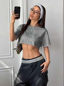 Top corto asimétrico de mujer con cuello blanco y flecos, camiseta de manga corta de moda versátil Y2K oversize y sexy, para primavera/verano - Gris - Ver 7