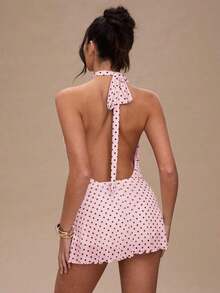 Vestido corto de verano con escote halter y espalda descubierta, con estampado de lunares sexy para mujer - Rosa coral - Ver 2