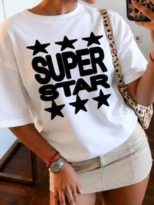 1 pieza Camiseta de manga corta con estampado de letras Super Star Y2K, 100% algodón, transpirable, cuello redondo, 180g, 100% algodón. - Negro - Ver 6
