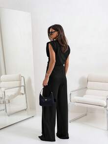 Conjunto informal de manga corta de color sólido con diseño irregular - Negro - Ver 3