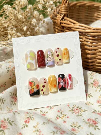 10 piezas de uñas postizas hechas a mano, diseño vintage de bloques de color con lunares y flores 3D, con base de color de gelatina y puntas de uñas desmontables de manicura francesa blanqueadora