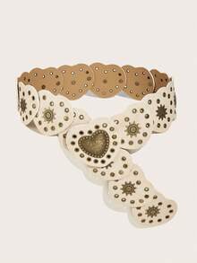 1pc Vintage Boho Belt, Beige Waist Belt, Western Style Heart Rivet Wide Waist Strap, Personalized Metal Rivet Wide Belt, Suitable For Dresses, Suits, Pants, Daily Wear, Music Festivals, Parties - Beige - View 7