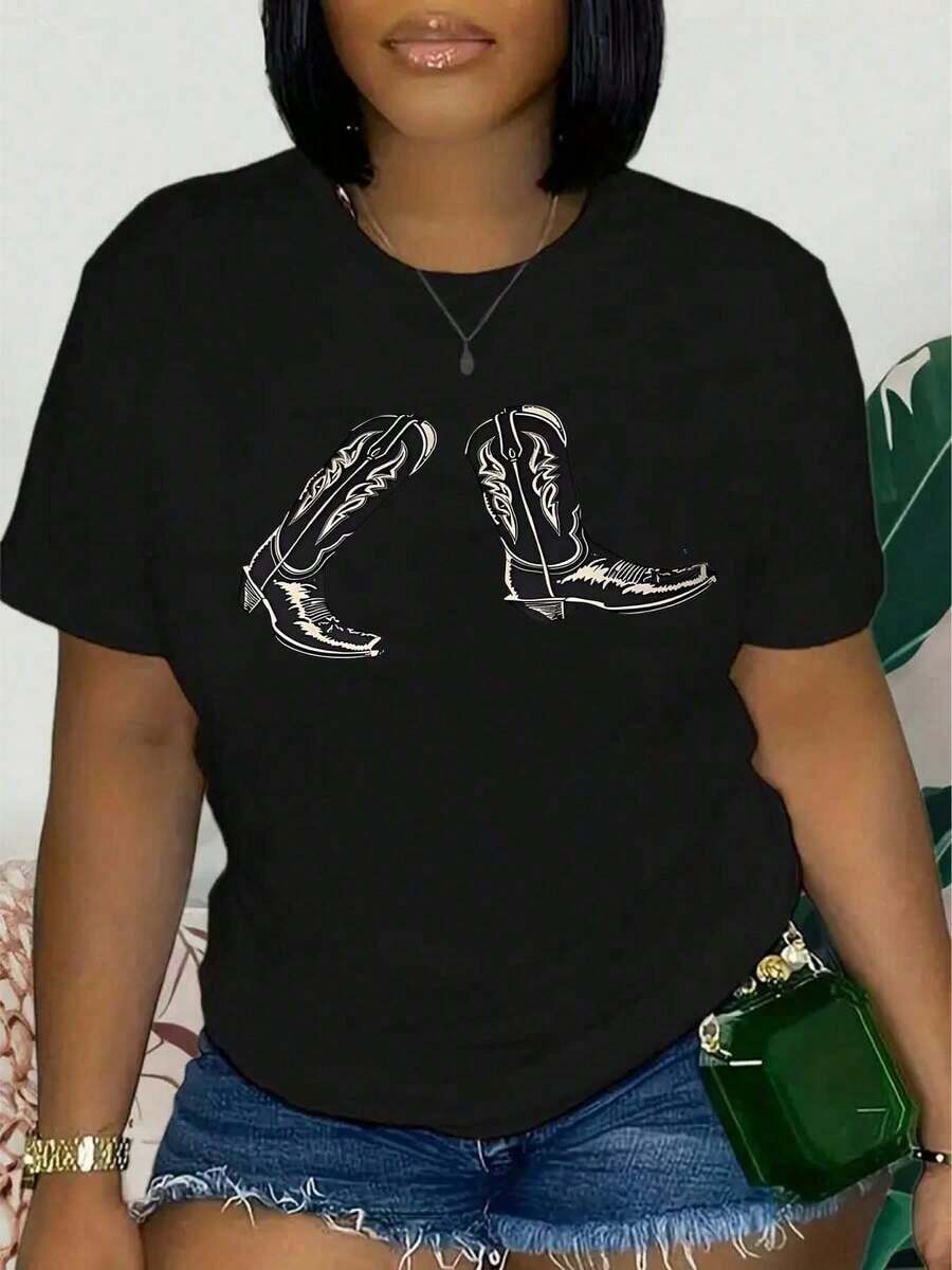1 Piece Of Women's Retro Western T-Shirt With Cowboy Boots And Hat Design, Vibrant Print, Casual Short Sleeves, Ideal For Travel, Fashionable Festival Top, Comfortable Short-Sleeved Crew Neck T-Shirt For Casual Wear And Themed Events Or As A Gift, With Floral, Plant, Leaf And Casual Bow Design, 180g, 100% Cotton, All Patterns Are Printed. Unisex. - 黑色 - 查看 1