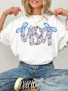 1 camisa Coquette USA, camisa del 4 de julio para mujer, camisas con la bandera de Estados Unidos de estrellas y rayas, camisa patriótica floral, rojo, blanco y azul, 180g 100% algodón, los diseños están impresos. Unisexo. - Blanco - Ver 1