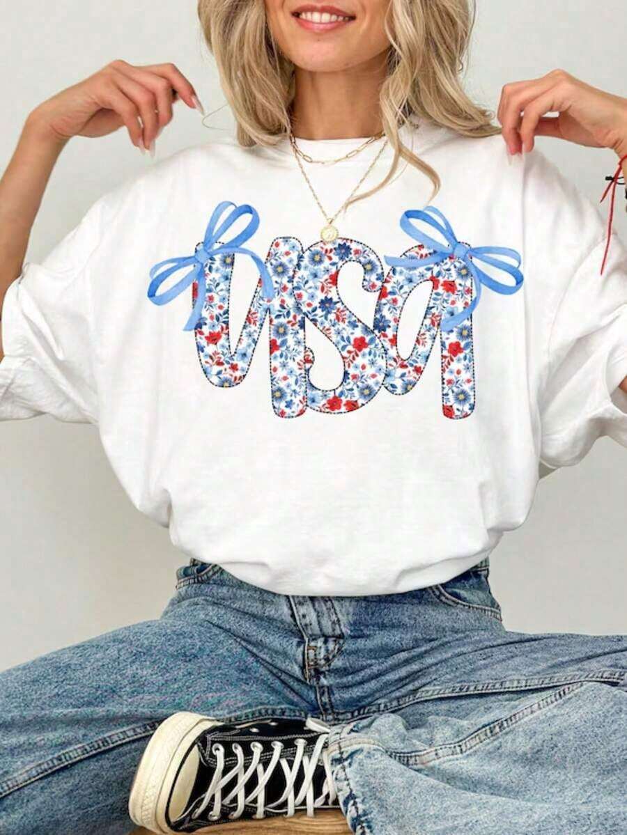 1 camisa Coquette USA, camisa del 4 de julio para mujer, camisas con la bandera de Estados Unidos de estrellas y rayas, camisa patriótica floral, rojo, blanco y azul, 180g 100% algodón, los diseños están impresos. Unisexo. - Blanco - Ver 1