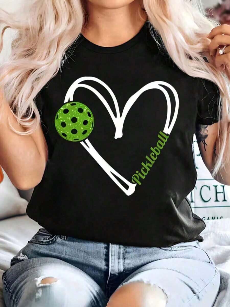 1 pieza de camiseta casual para mujer con estampado de corazón y pickleball - Rojo vibrante, manga corta, cuello redondo, corte holgado, perfecta para todas las estaciones, regalo ideal, camiseta casual, camiseta holgada, tela elástica, 180g, 100% algodón, los diseños están impresos. Unisexo. - Negro - Ver 1