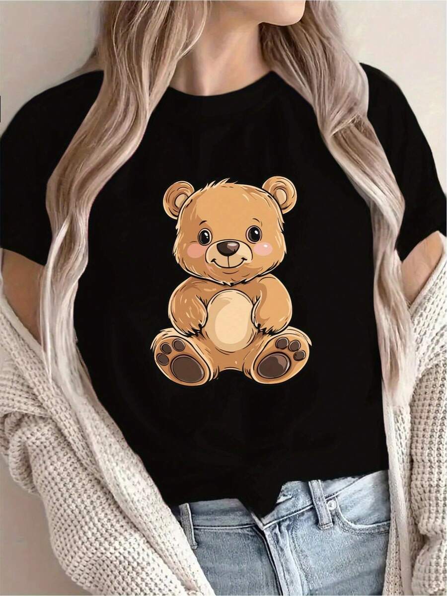 [Recomendación de Nueva Llegada] Camiseta con estampado de oso amarillo, informal para mujer, ropa de vacaciones, manga corta, cuello redondo, primavera/verano, lavable a máquina, ropa nueva para mujer, versátil para salir y hacer deporte. - Negro - Ver 1