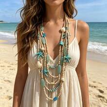 1 chiếc vòng cổ dài nhiều lớp đính hạt hình sao biển và vỏ sò giả bằng acrylic theo phong cách Bohemian Ocean Holiday, thích hợp cho phụ nữ đi nghỉ mát ở bãi biển, chụp ảnh, hoặc phối đồ. - Dây chuyền hình sao biển dài X-1672 - Xem 1