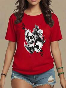 Skull Engulfed In Flames With Poker Cards And Dice Symbolizing Risk And Inner Strength. Women's T-Shirt Made Of Soft 100% Cotton Fabric, Ideal For Everyday Wear, Maija Curvy Women. - 紅色 - 查看 9