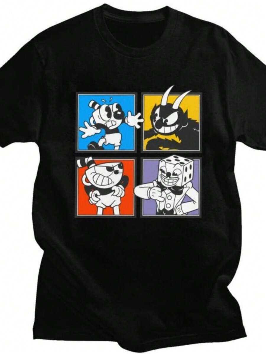 playeras de mujer Custom Cupheads Characters Tshirts for Men Women Short Sleeve Casual T Shirt Cartoon Game T-shirts Loose Fit 100 Cotton Tees Gift - Negro - Ver 1