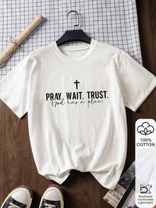 "Ruega, Espera, Confía" Camiseta Casual Estampada de Manga Corta 100% Algodón para Mujer, Camiseta con Diseño Gráfico, Tela Suave, Ropa de Algodón, Camiseta para Exteriores, Patrón Estampado, Camiseta de Verano, Camiseta para Mujer, Blusa de Verano, Atuendo para Vacaciones, Estilo de Viaje, Estilo Playero, Ropa Minimalista para Resort Blanca - Blanco - Ver 1