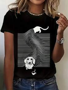 Graphic Print T-Shirt - Dog And Cat With Coffee Cup Design, Short Sleeve, Crew Neck, Casual Style, Breathable For Summer And Spring, Machine Washable, Women's T-Shirts, Weekend Wear, Fun Style, Lightweight T-Shirt, Printed T-Shirt, For Pet Lovers, Y2K Style - 白色 - 查看 10