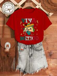GiftCamiseta gráfica Viva México de talla grande para mujeres - 100% algodón, manga corta, cuello redondo, top casual con diseño vibrante de la cultura mexicana, estampado de maracas, sombrero y chile, y rojo/azul verde, lavable a máquina, comodidad para todas las estaciones, ideal para el veranoSoft - Rojo - Ver 1
