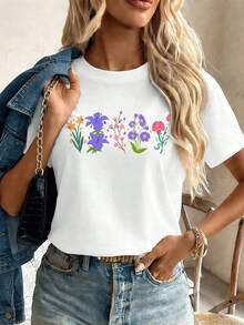 Gift: Casual Cotton T-Shirt With Floral Print. Quality Fabric, Loose Fit, Breathable, Casual Style, Unique Graphic Print. Soft - 白色的 - 查看 1