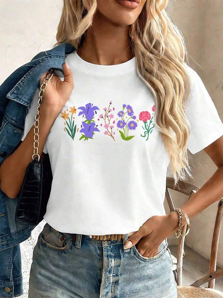 Gift: Casual Cotton T-Shirt With Floral Print. Quality Fabric, Loose Fit, Breathable, Casual Style, Unique Graphic Print. Soft - 白色的 - 查看 1