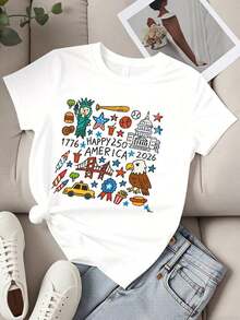 Camiseta de Cuello Redondo para Mujer, Día de la Independencia de Estados Unidos 1776 a 2026, Feliz 250 Aniversario de América, Íconos Patrióticos, Estatua de la Libertad, Águila, Edificio del Capitolio, Puente Golden Gate, Camiseta Casual de Manga Corta para Celebrar el Día Nacional de Estados Unidos. - Blanco - Ver 2