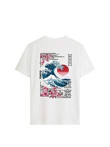 3pcs/Set Summer New Fashion Sakura Landscape Printed Combination, Casual Round Neck Short Sleeve T-Shirt, Versatile Tops For Women - White and Black and Light Blue - View 4