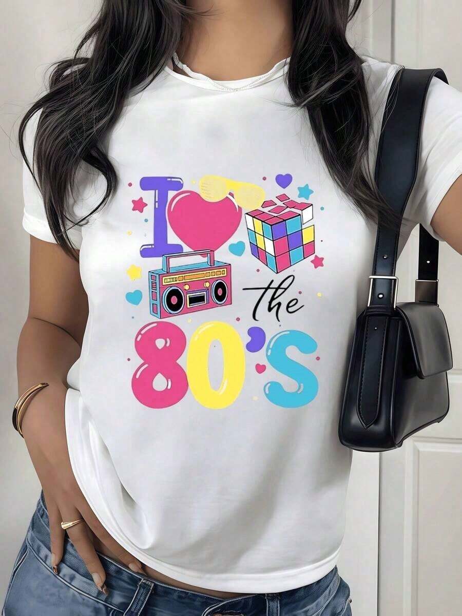 Colorful Print Celebrating Retro Nostalgia With Yellow Glasses, A Pink Heart, A Multicolored Cube, And An 80s Radio. Women's Outdoor T-Shirt, 100% Cotton, Comfortable And Vibrant - 白色的 - 查看 1